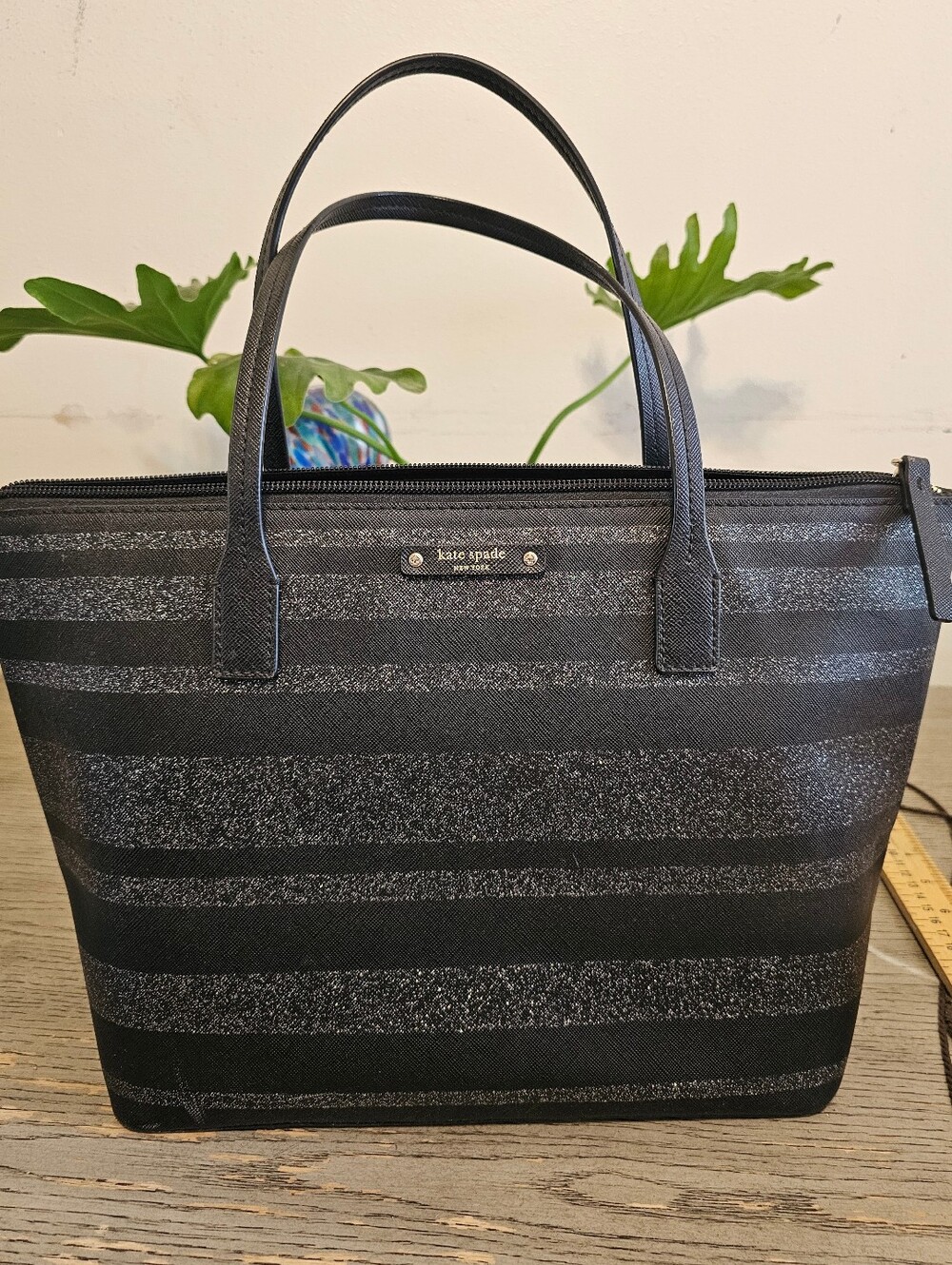 Kate Spade Black &Silver Large 20" Wide Tote Bag Purse Haven Lane Sparkle